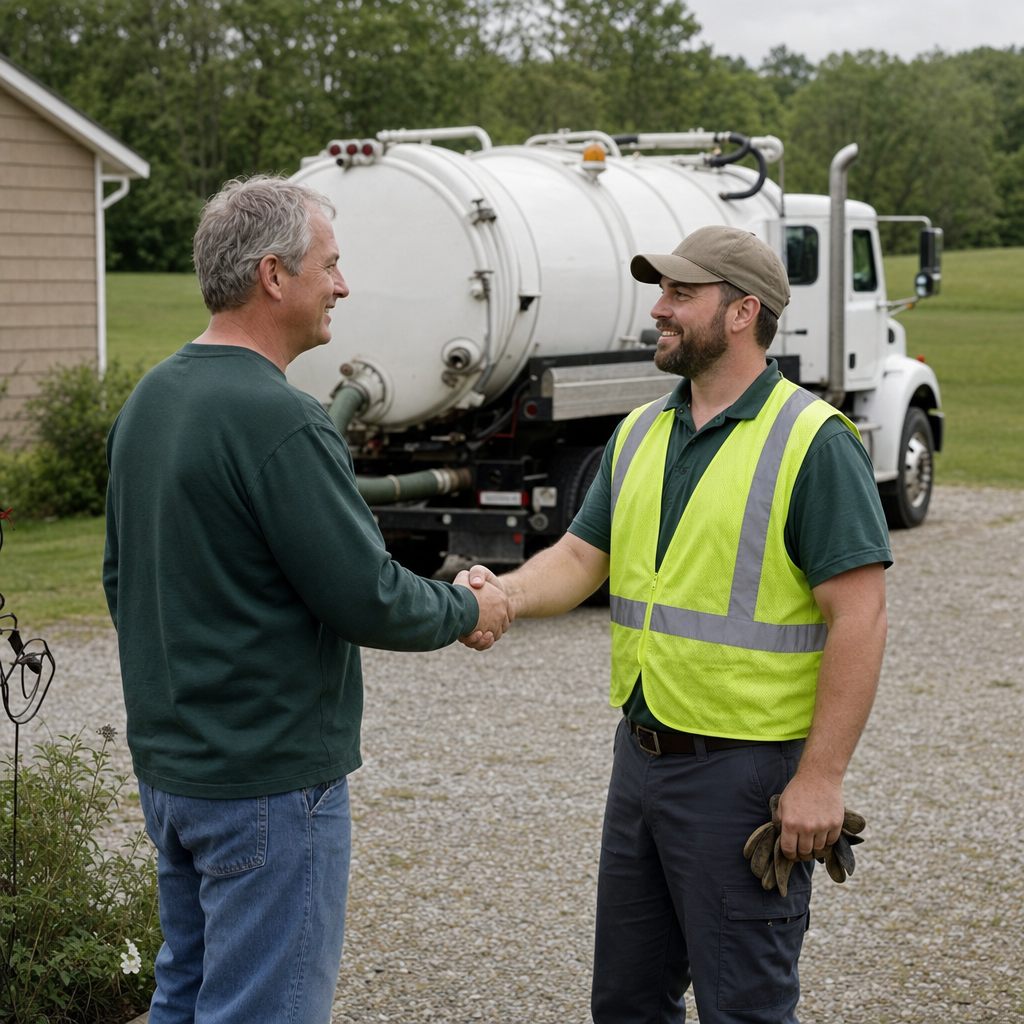 A septic technician shaking a Jurupa Valley homeowner's hand beside the service truck after a completed pump-out