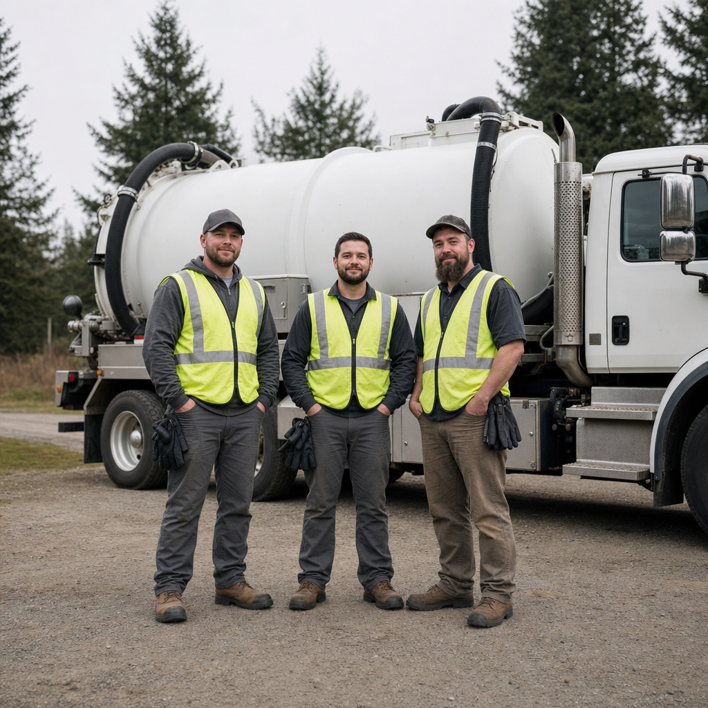 The Jurupa Valley septic pumping crew standing together beside their clean white vacuum truck on a residential street
