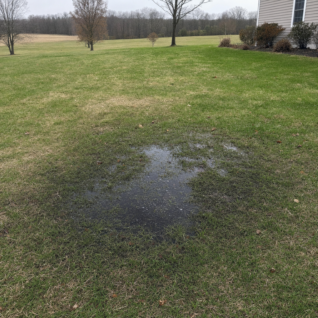 A dark, saturated wet spot in a Jurupa Valley backyard lawn marking a failing cesspool at capacity