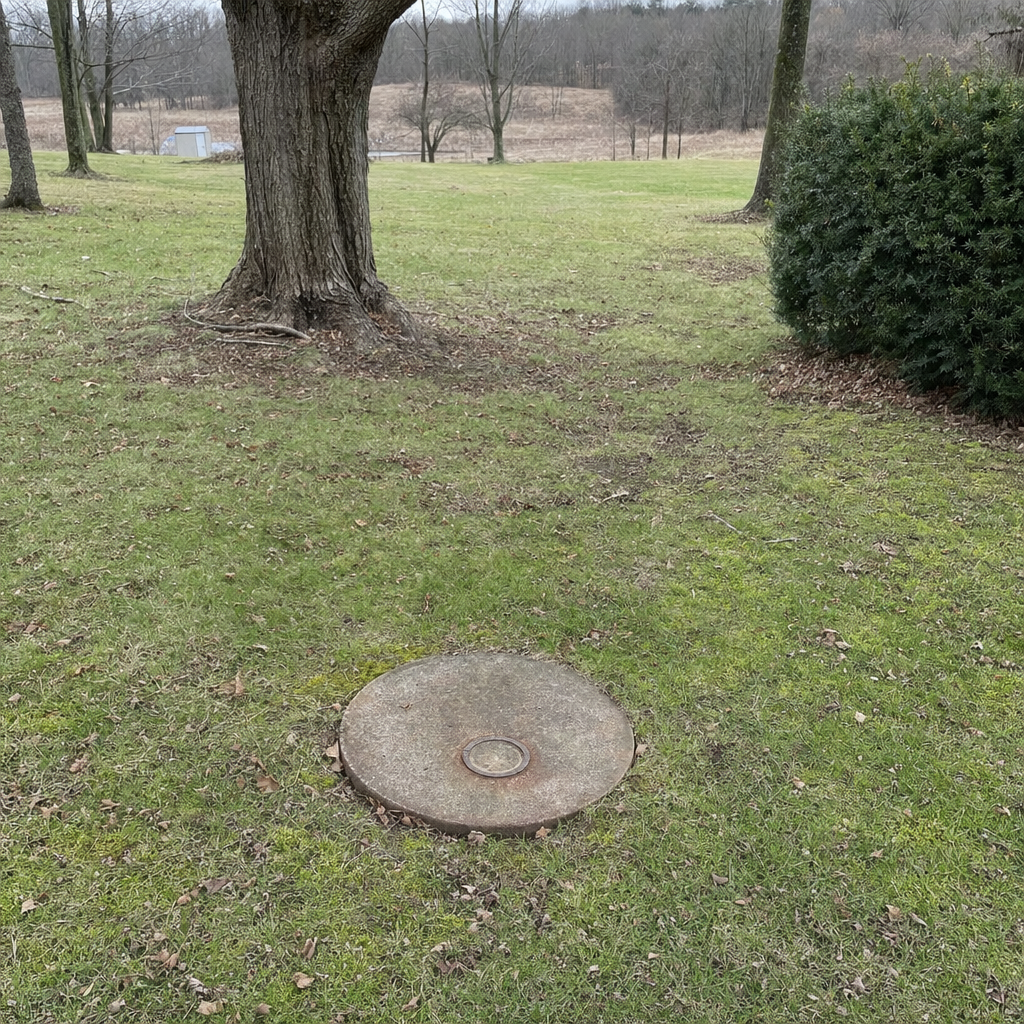 An older round cesspool access lid set flush in an established, mature Jurupa Valley backyard lawn
