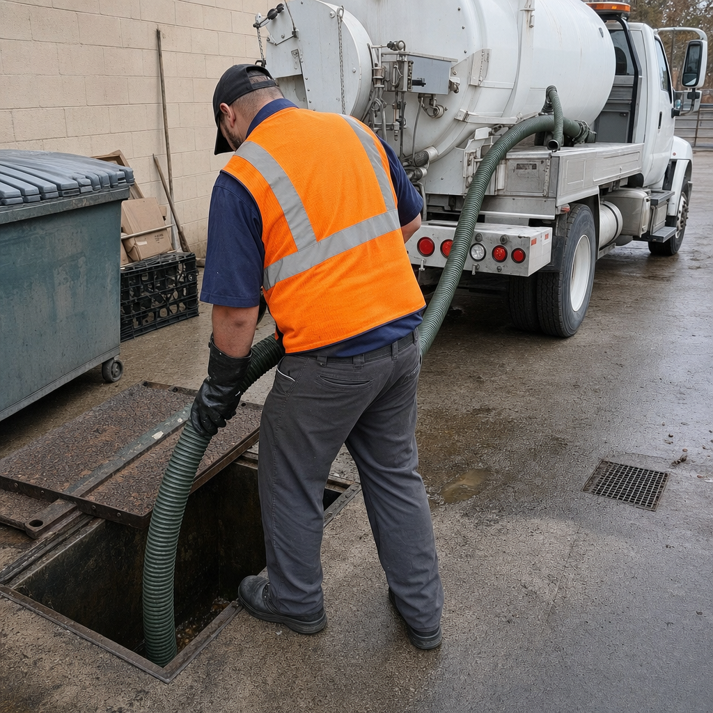 Technician pumping a grease trap behind a Jurupa Valley restaurant
