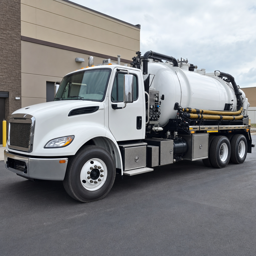 Commercial septic vacuum truck parked in a Jurupa Valley business parking lot