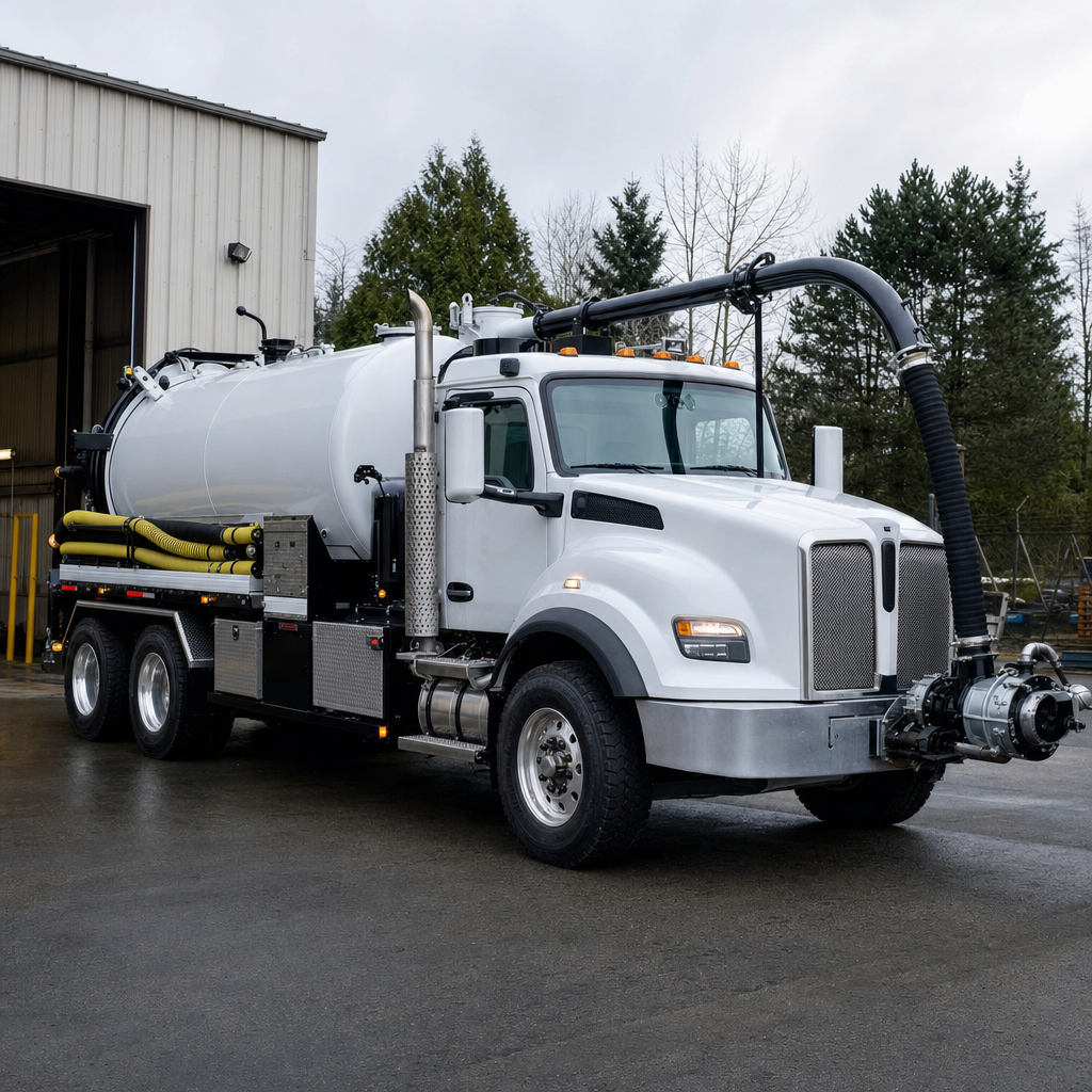 A clean white septic vacuum truck rolling out of a tidy Jurupa Valley service depot at the start of the day