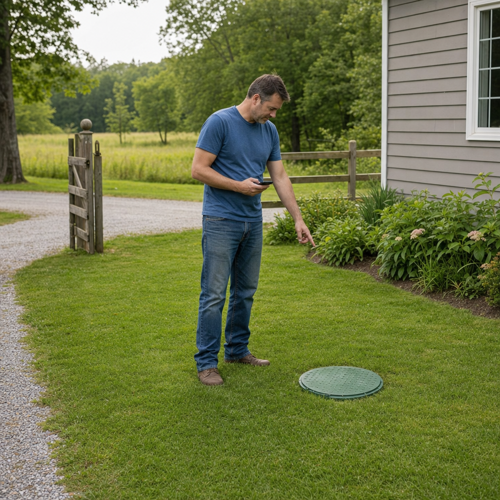 A Jurupa Valley-area homeowner standing in the backyard noting where the septic tank lid and access route are located