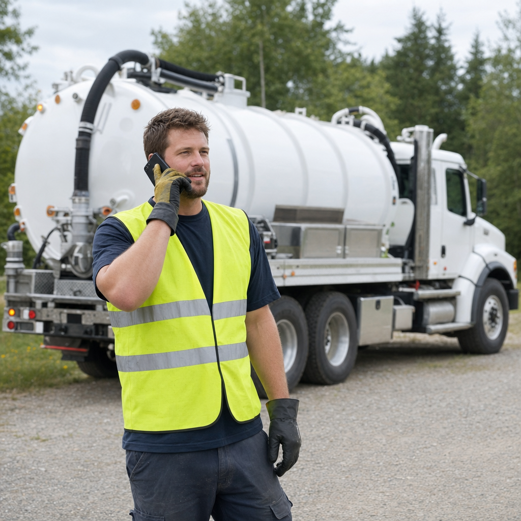 A friendly septic dispatcher holding a phone, ready to answer a Jurupa Valley homeowner's call about a pump-out
