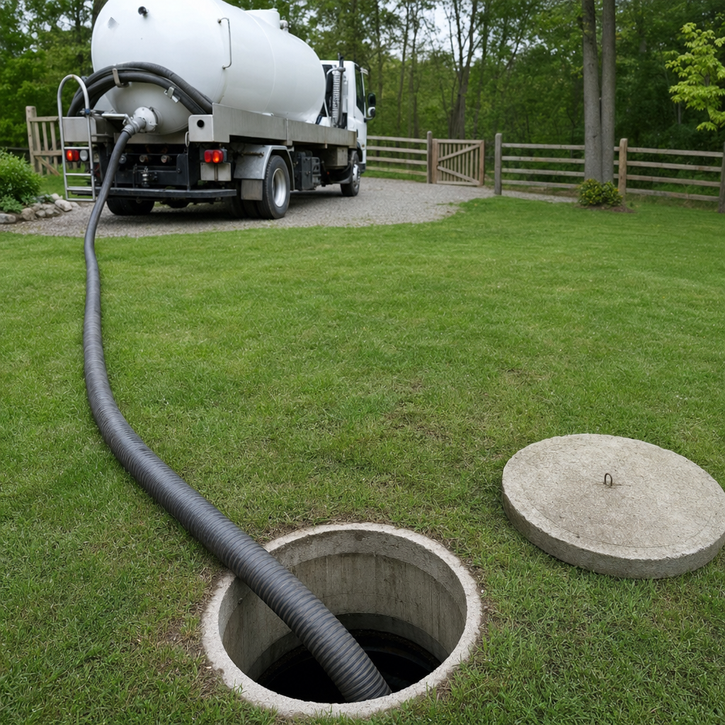 Suction hose connected to an open septic tank, drawing it down in a tidy Jurupa Valley yard