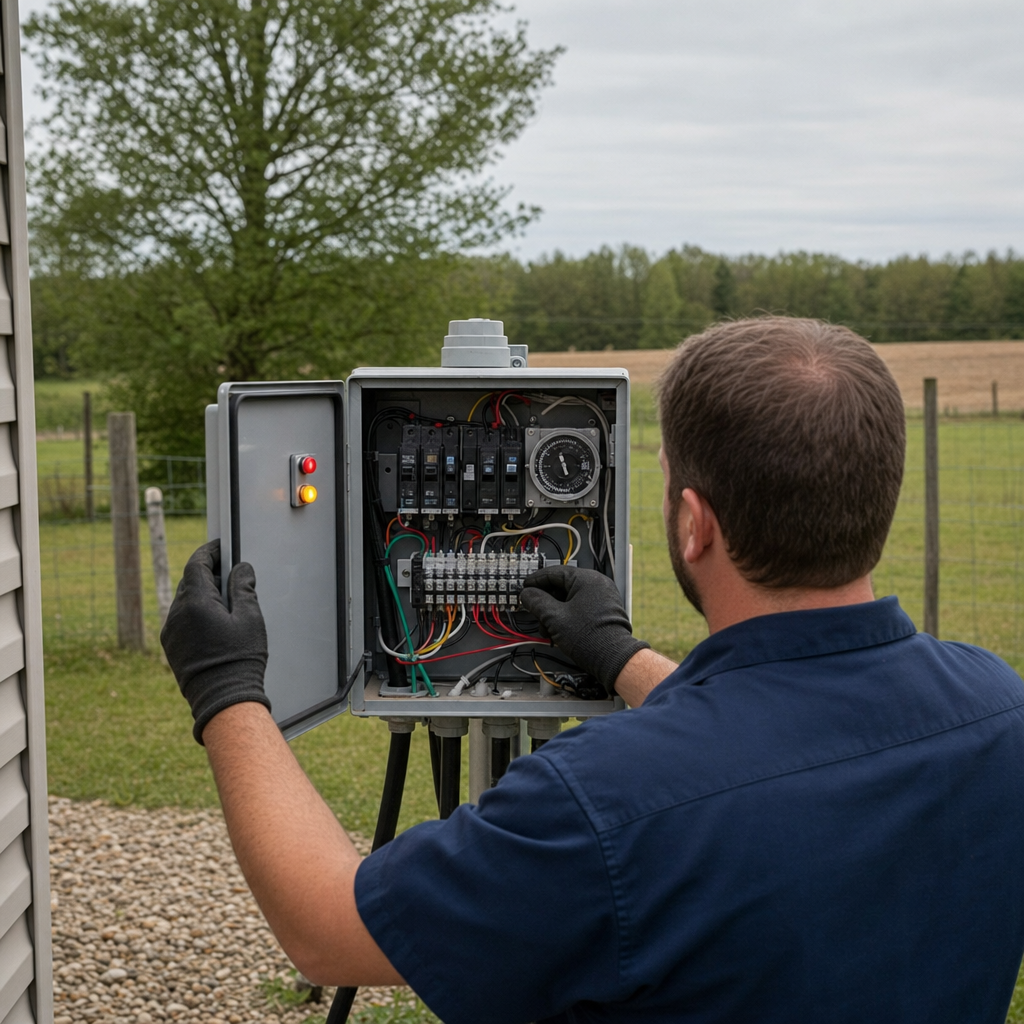Technician checking an aerobic septic control box with a lit red high-water alarm during a same-day Jurupa Valley visit