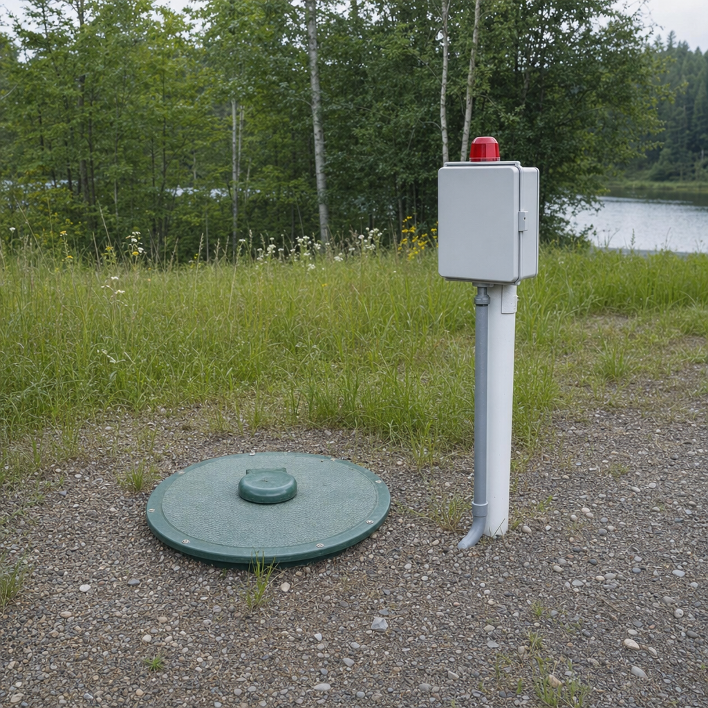 A wastewater holding tank access lid set in the ground at a rural Jurupa Valley-area cabin, with a mounted high-level float alarm panel nearby