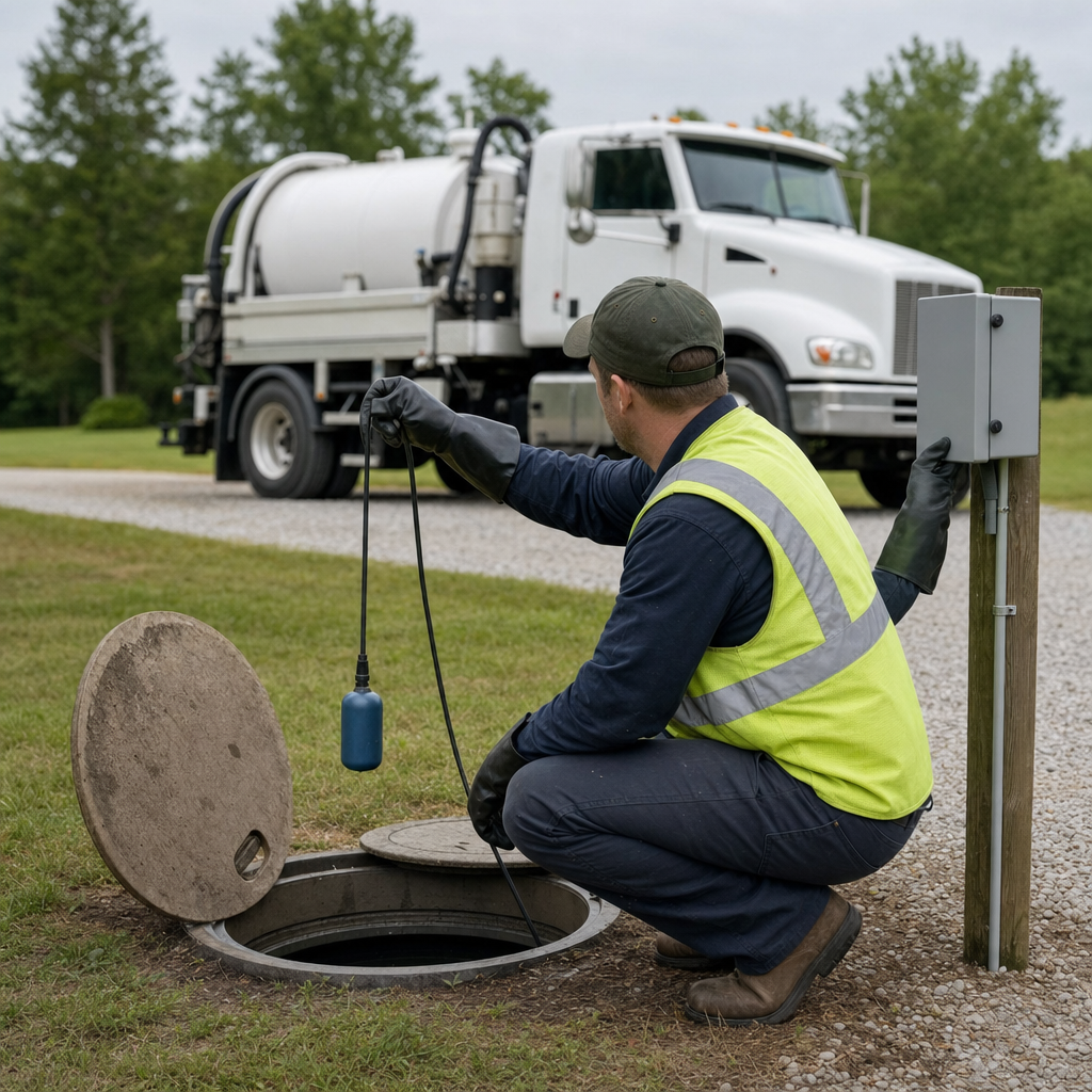 A septic technician in a high-visibility vest checking a high-level float switch and alarm panel on a holding tank at a rural Jurupa Valley-area site