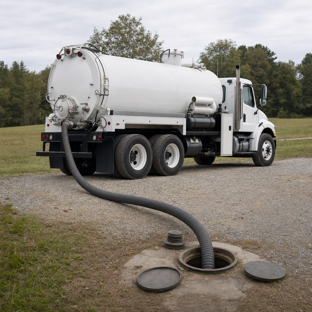 An unmarked white vacuum truck emptying a wastewater holding tank on a scheduled visit at a rural Jurupa Valley-area property, thick suction hose running to the tank lid