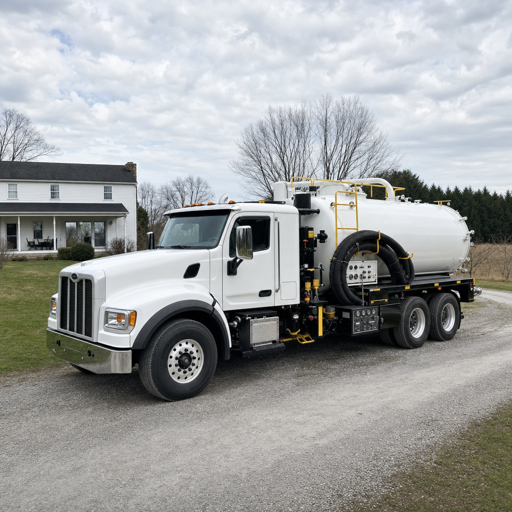 A clean white septic vacuum truck parked on a tidy Jurupa Valley driveway with the suction hose neatly coiled