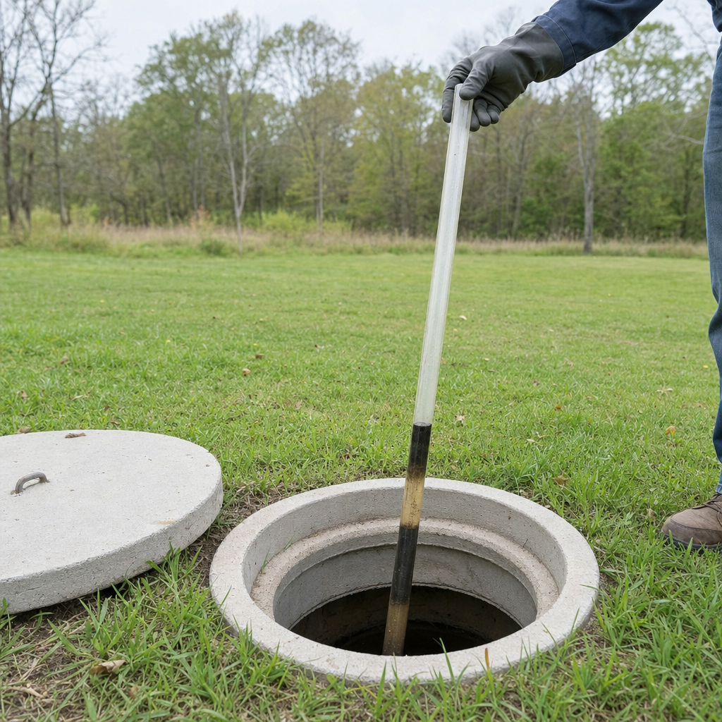 A septic sludge-judge measuring stick lowered into an open Jurupa Valley septic tank to read the depth of the sludge and scum layers before deciding whether a pump-out is due
