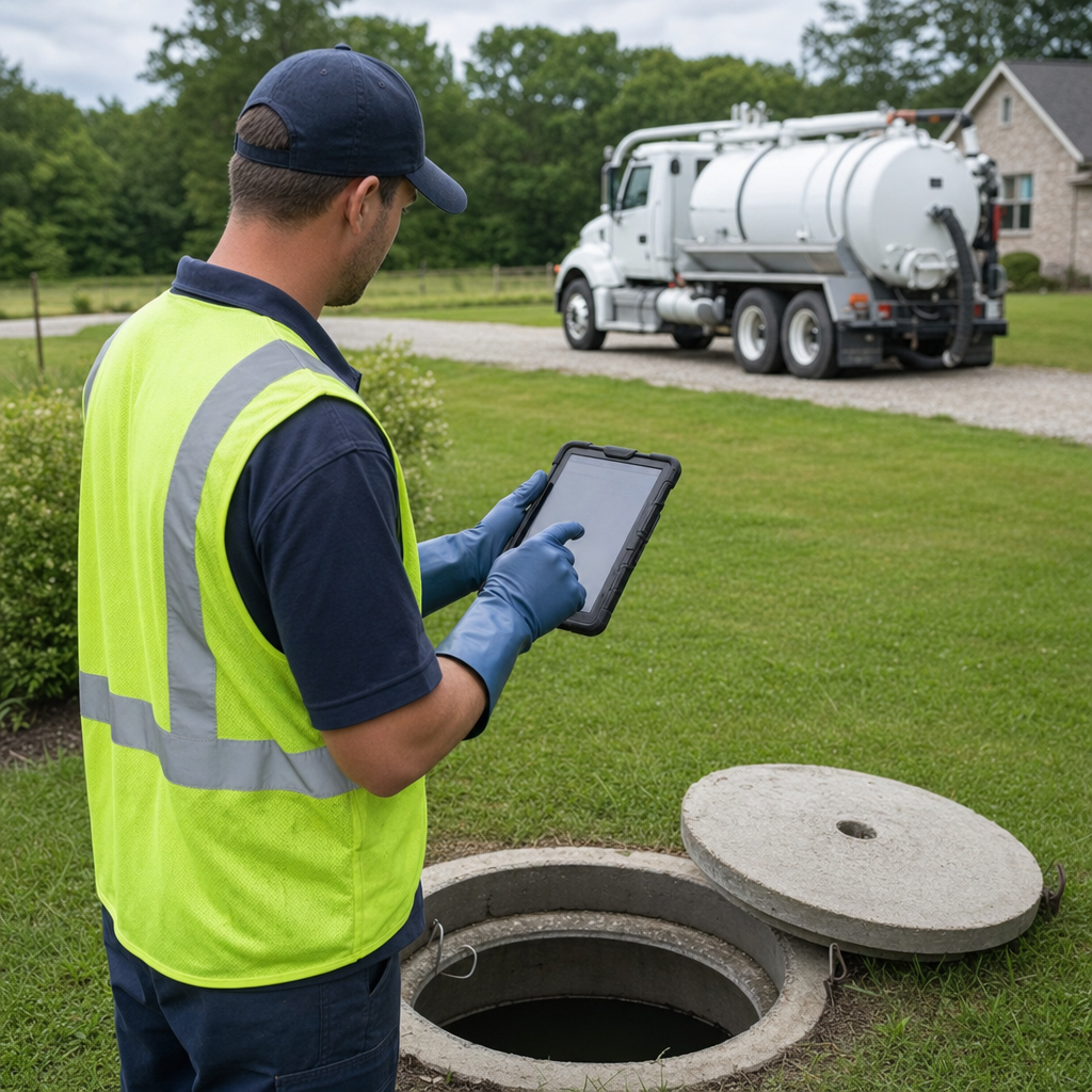 A septic technician recording a Jurupa Valley home's pump-out date and tank condition on a tablet beside an open access lid, tracking the service history that sets the next due date