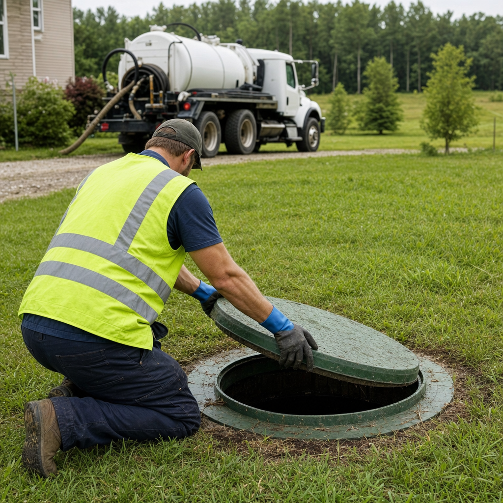 Septic technician kneeling on a Jurupa Valley lawn, lifting the access lid on a residential septic tank