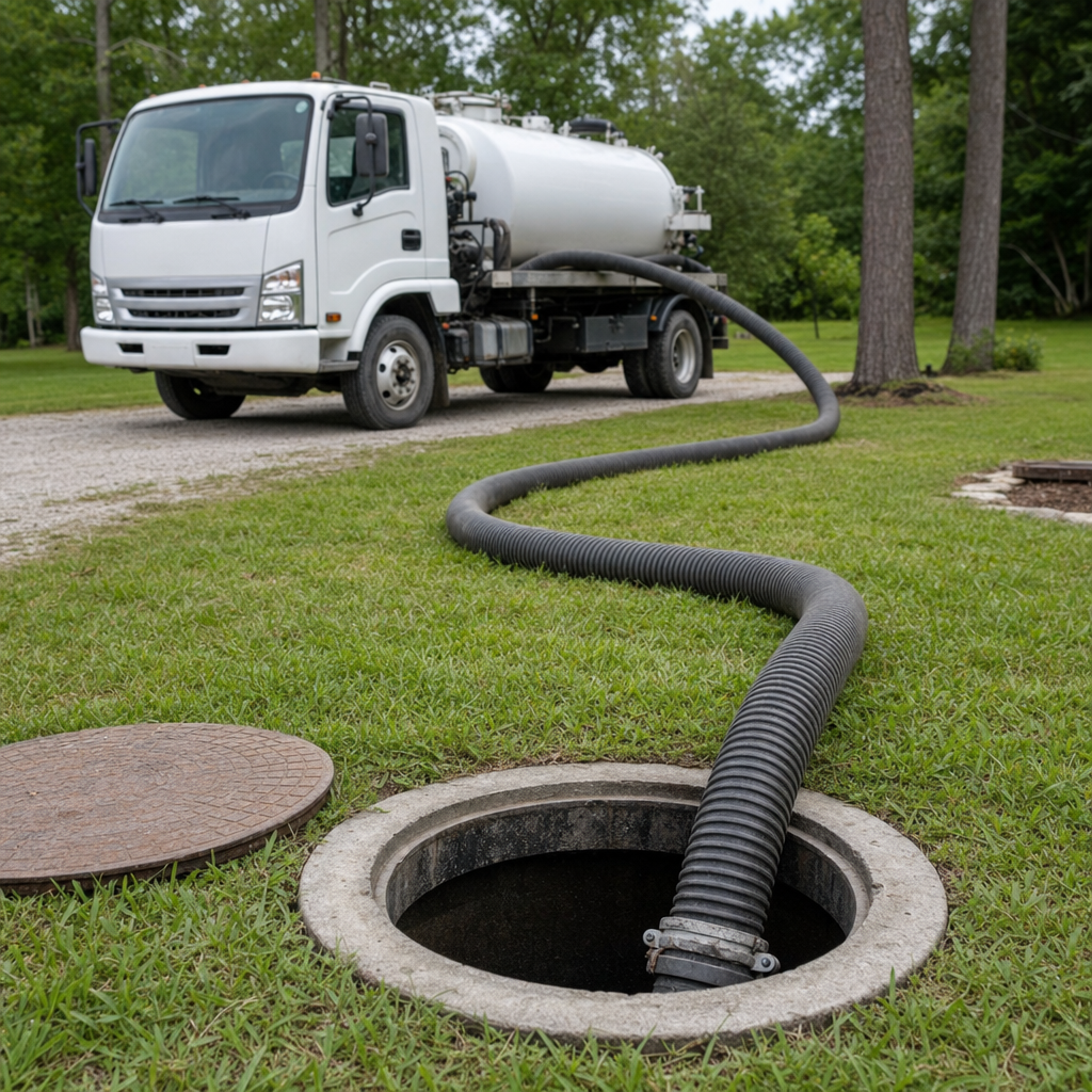 Thick ribbed suction hose lowered into a clean open septic tank port on a tidy Jurupa Valley backyard lawn