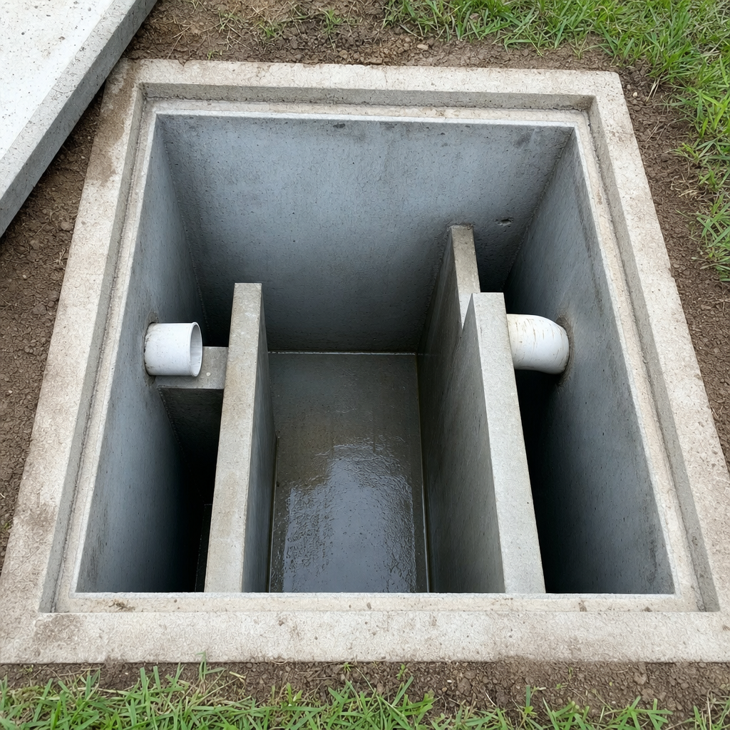 Inspection of the concrete baffles inside an open, emptied and freshly cleaned Jurupa Valley septic tank