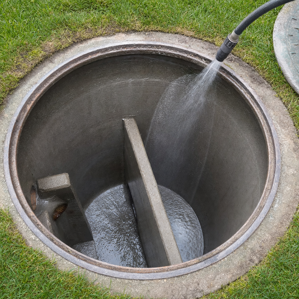 Interior concrete walls of an emptied Jurupa Valley septic tank being rinsed clean with the truck's onboard water hose