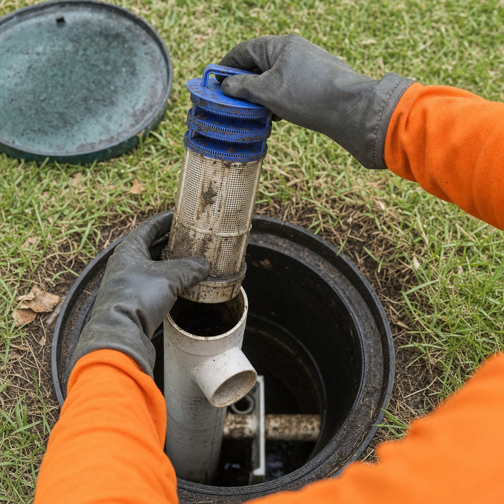 Septic technician's gloved hands lifting the effluent filter cartridge out of the outlet housing on a Jurupa Valley septic tank