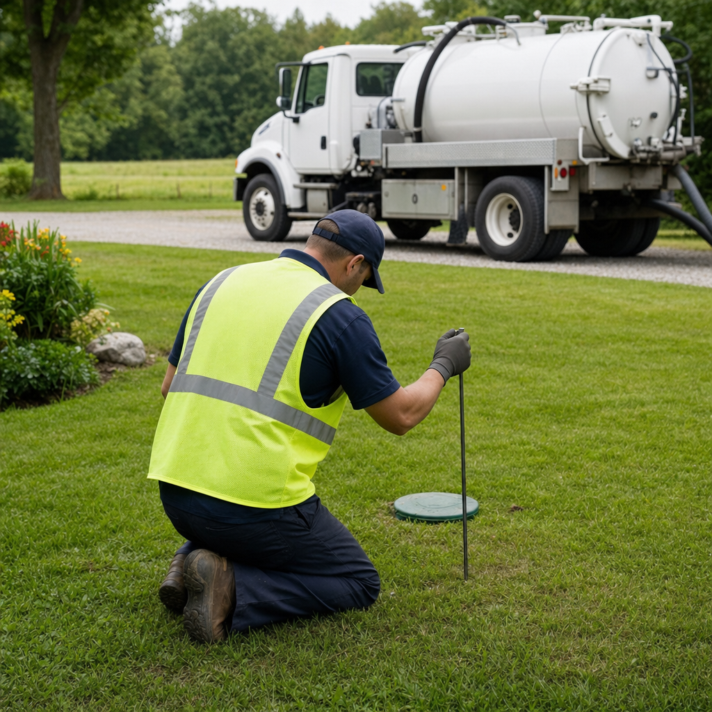 Septic technician kneeling on a Jurupa Valley lawn, probing to locate and measure the depth of a buried septic tank lid before pumping