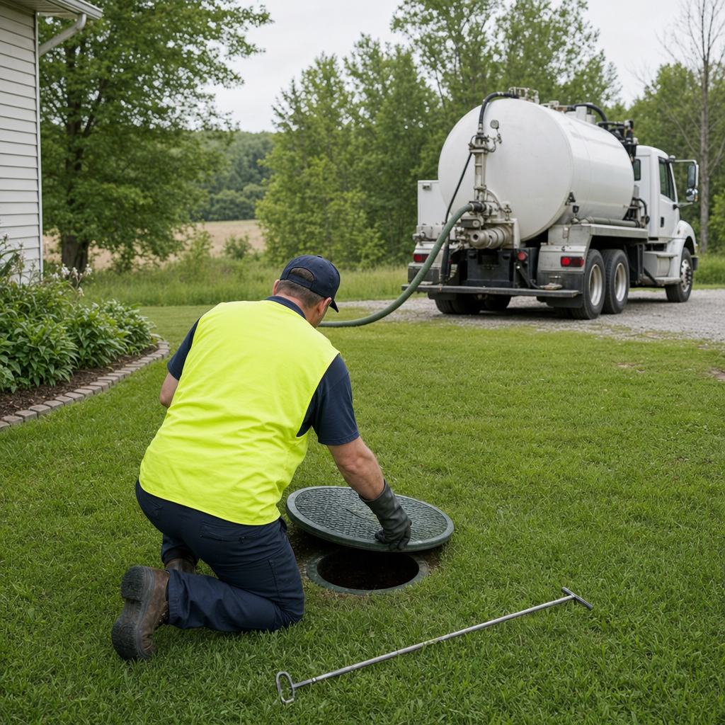Septic technician kneeling on a Jurupa Valley lawn, lifting the buried access lid on a residential septic tank