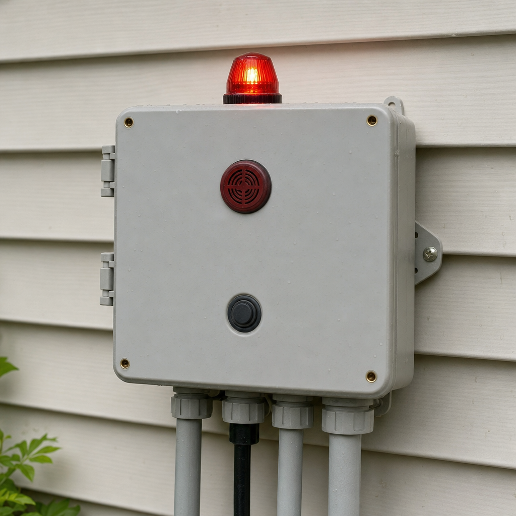 An aerobic septic system control panel mounted outside a Jurupa Valley home with its red high-water alarm light lit