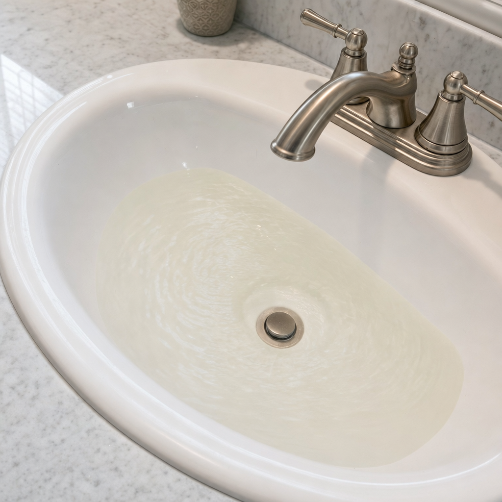 A bathroom sink draining slowly with water pooled in the basin, an early warning sign that a Jurupa Valley septic tank is full